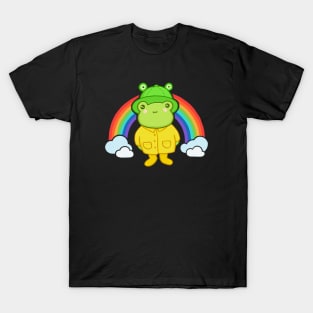 Cute Frog with Hat Rainbow Kawaii Aesthetic Cottagecore Frog. Funny Froge in froggie bucket hat. Bright rainbow colors T-Shirt